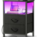 Huuger Night Stand with Charger Station and LED Lights, 2 Drawer Nightstand