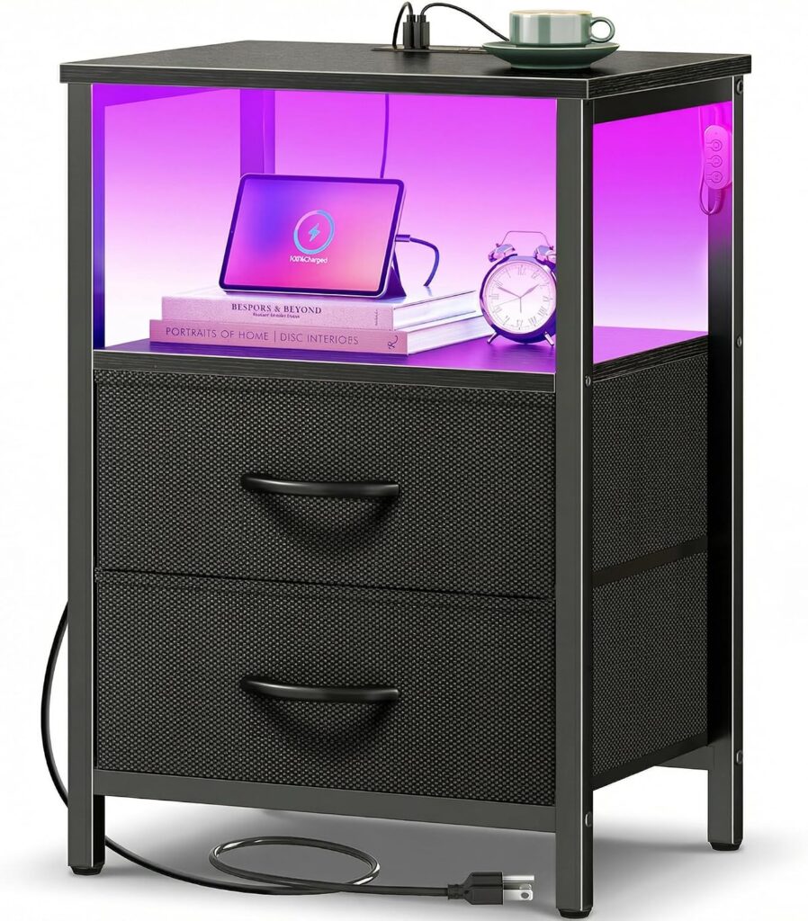 Huuger Night Stand with Charger Station and LED Lights, 2 Drawer Nightstand