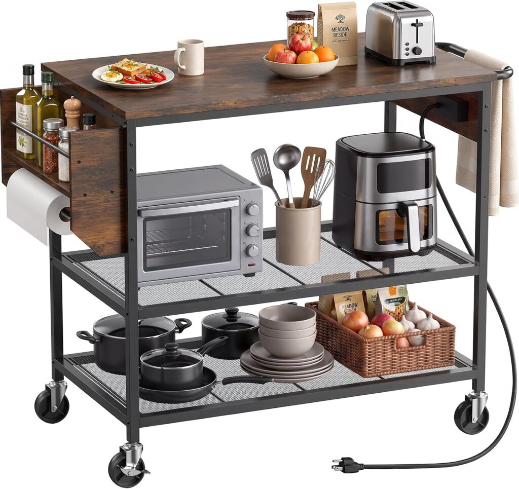 Rolling Kitchen Island with Storage, 3 Tier Kitchen Island Cart with Wheels,Wood Large Worktop, Stor…