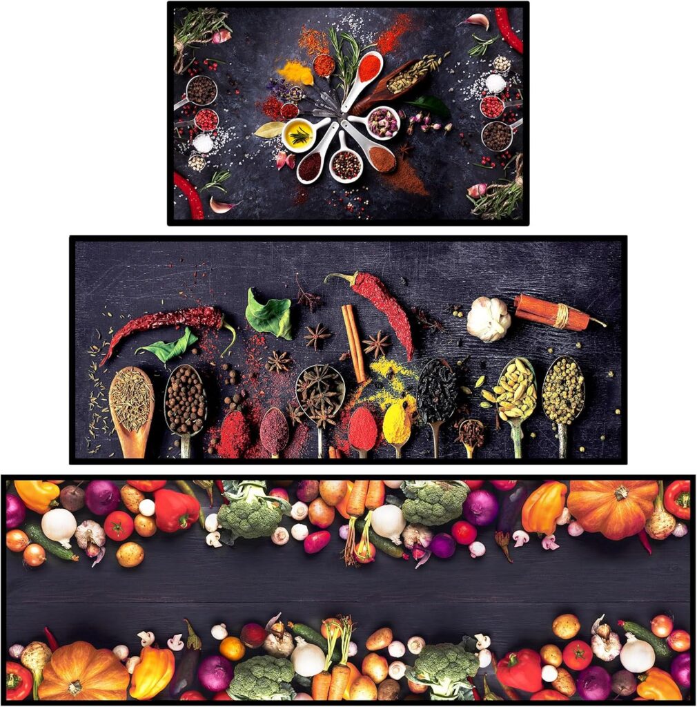 Tinideya 3 Pcs Kitchen Mats Anti Fatigue Non Slip Washable Spice Design