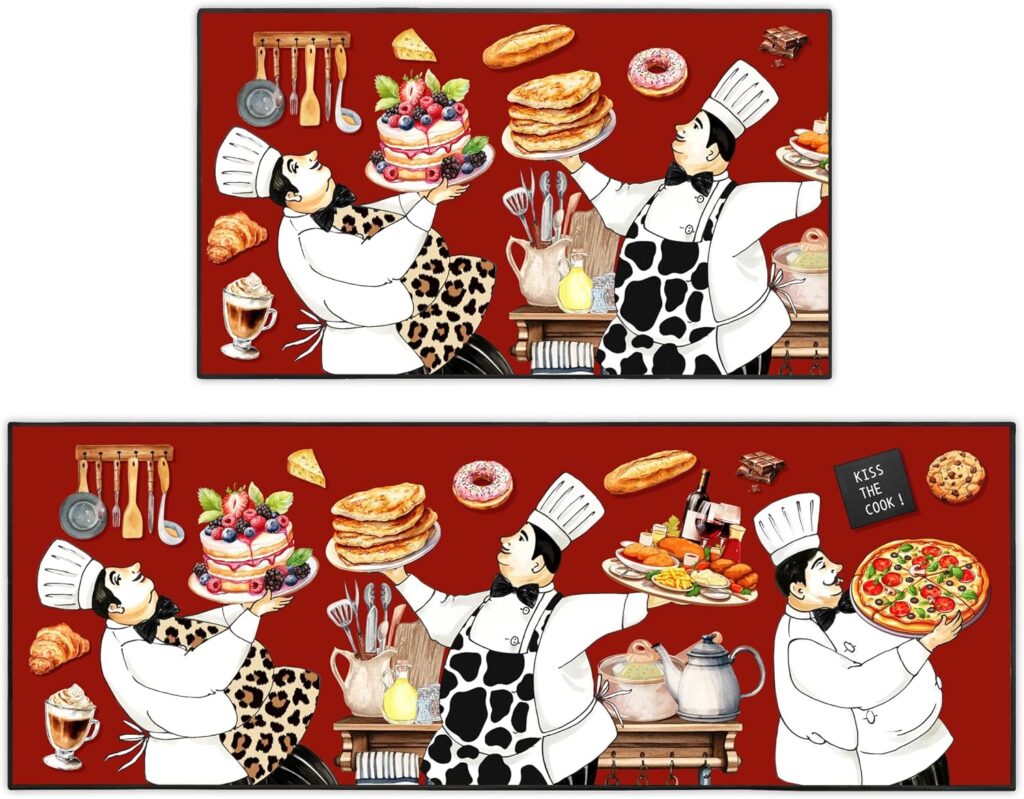 Fat Chef Kitchen Rug 2 Piece Set, Rustic Farmhouse Decor Kitchen Rugs, Non-Slip Absorbent Washable F…
