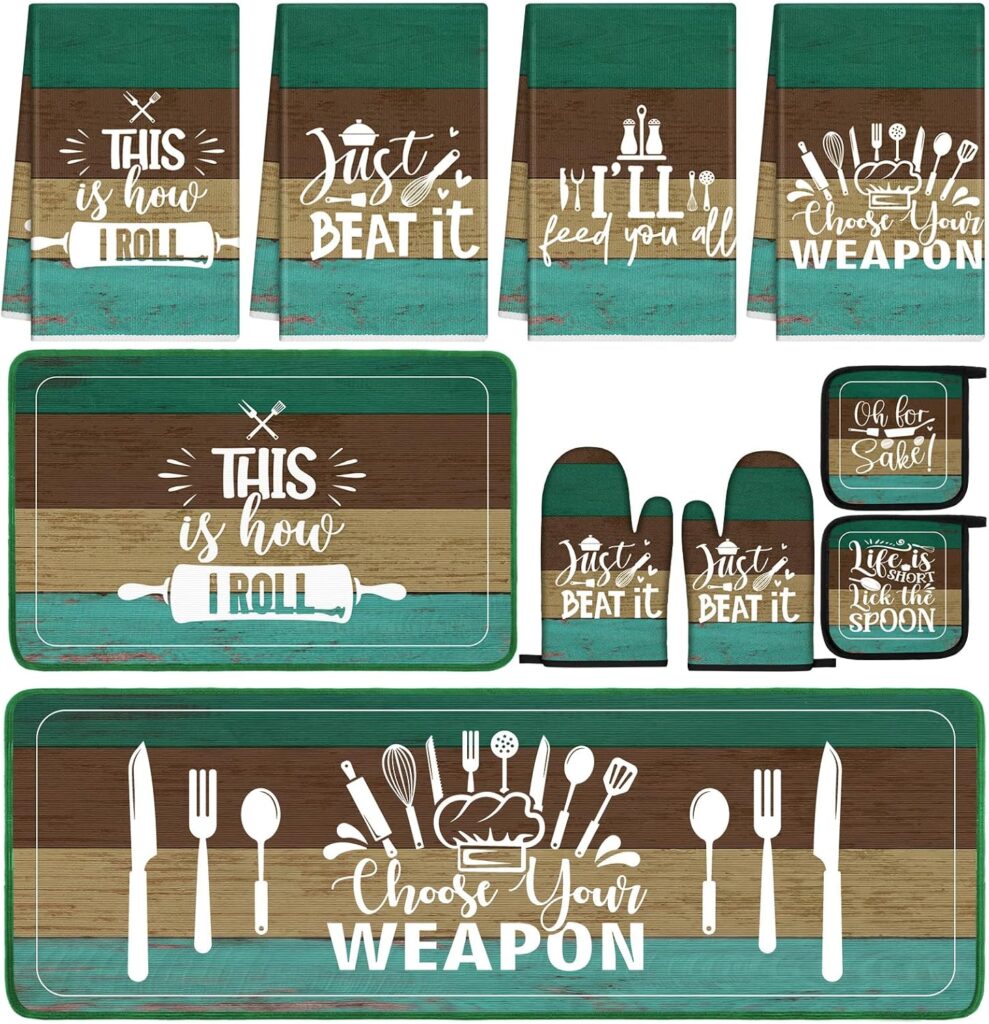 Fourluoo 10 Pcs Teal Kitchen Decor Set Teal Kitchen Rugs and Towels