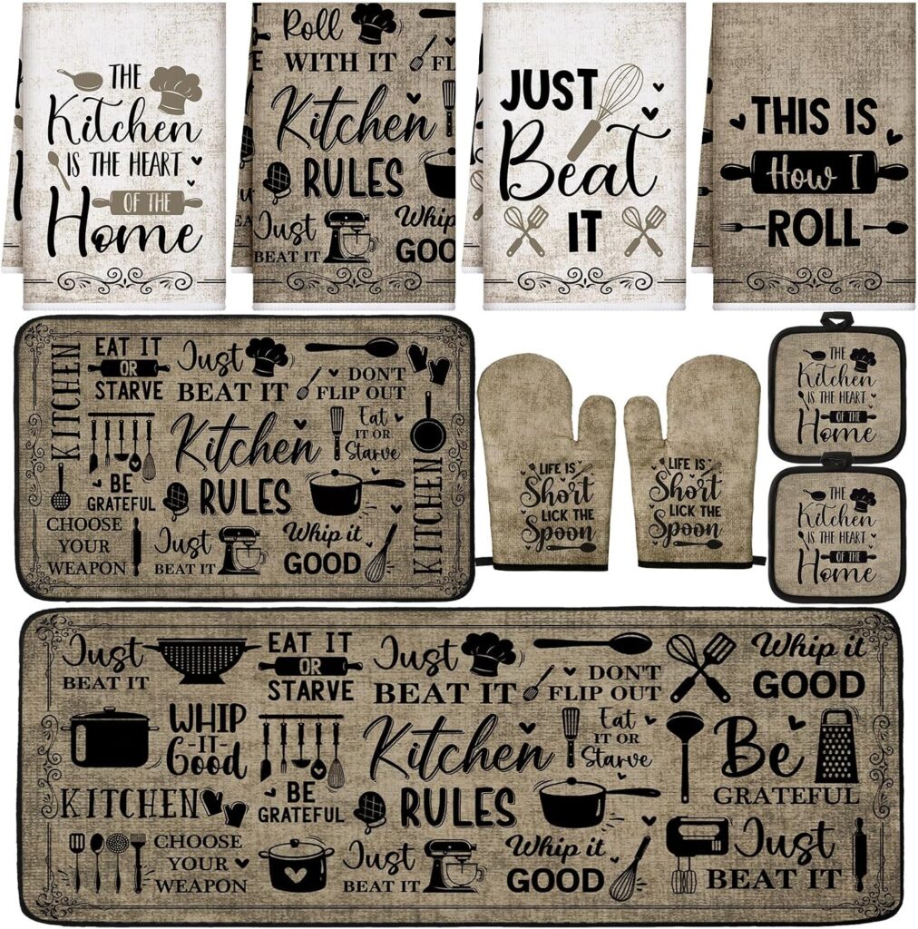 Fourluoo 10 Pcs Attractive Style Kitchen Dish Towels Rugs Oven Mitts and Pot Holders Set Farmhouse K…