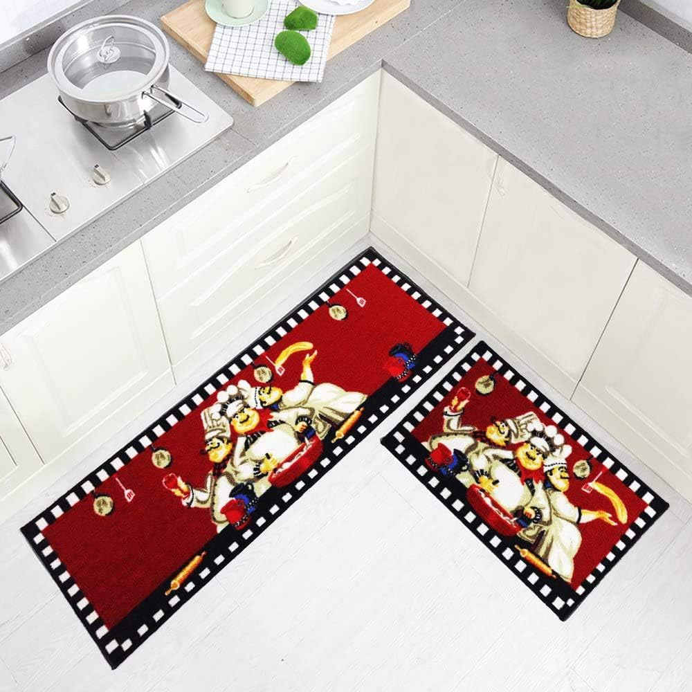 2pcs Chefs Man Kitchen Rugs for Wood Floors Red Machine Washable Non-Slip Kitchen Rug Sets (1’3×2’0+…