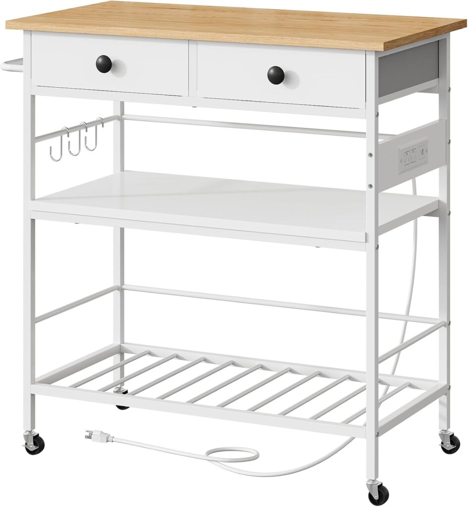 HOOBRO Kitchen Island with Storage, Rolling Island Cart for Kitchen with 2 Drawers & Outlet, 3 Tier …