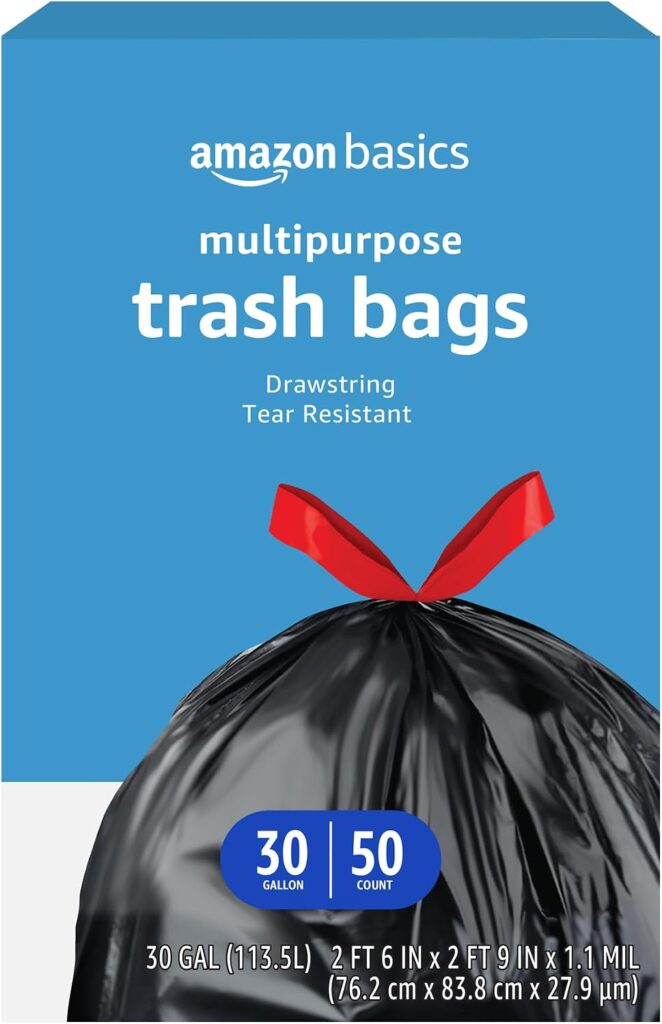 Amazon Basics Multipurpose Drawstring Trash Bags, 30 Gallon Capacity, Tear Resistant, 50 Count (Prev…