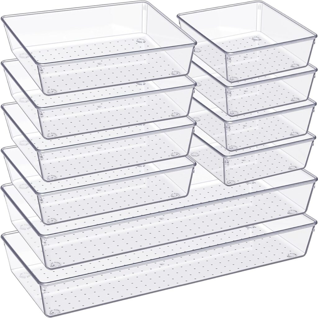 Criusia Drawer Organizer, 10 Pack Large Clear Plastic Set, 3 Size Versatile Bathroom and Vanity Orga…