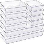 Criusia Drawer Organizer, 10 Pack Large Clear Plastic Set, 3 Size Versatile Bathroom and Vanity Orga…