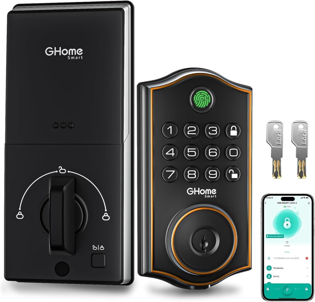 GHome Smart Fingerprint Door Lock for Front Door, 1.0s Unlock AI Self-Learning Keyless Entry Deadbol…