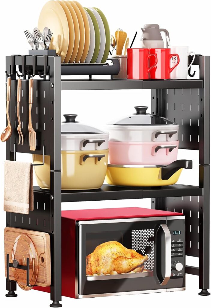 Microwave Stand, 3-Tier Expandable(17.4″- 27.4″) Heavy Duty Adjustable Shelf Microwave Oven Rack, Ki…