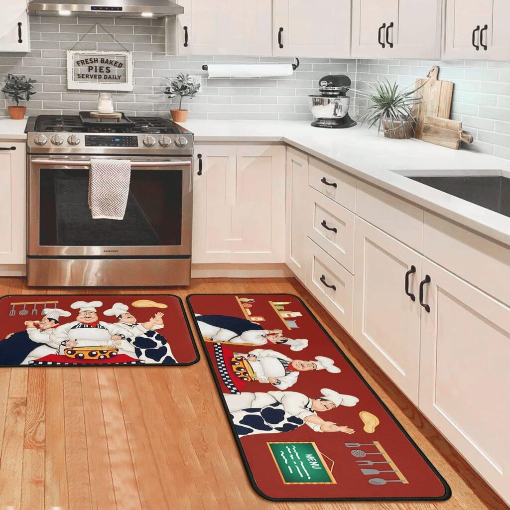 Cartoon Chef Kitchen Rugs Set of 2, Red Background Cute Fat Chef Floor Mats, Absorbent Non Slip Farm…