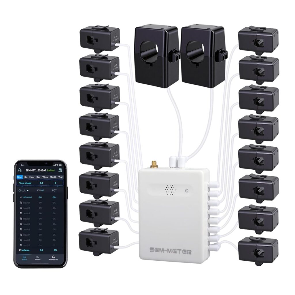 Smart Home Energy Monitor with 16 50A Circuit Level Sensors, Real-Time Power Usage & Electricity Cos…