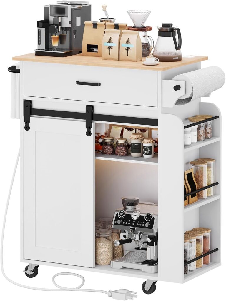 YATINEY Kitchen Island with Storage, Mobile Kitchen Cart with Charging Station, Kitchen Island on Wh…