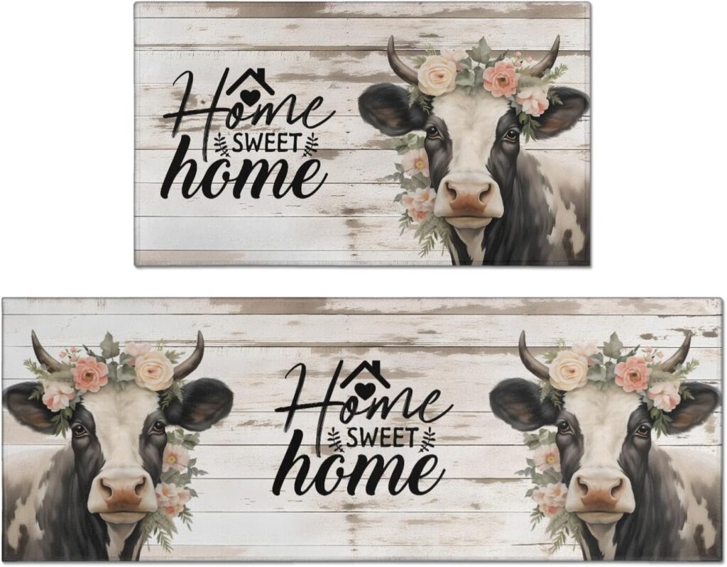 Cow Kitchen Rugs Sets of 2, Vintage Farmhouse Home Kitchen Rugs and Mats, Washable Non Skid Absorben…
