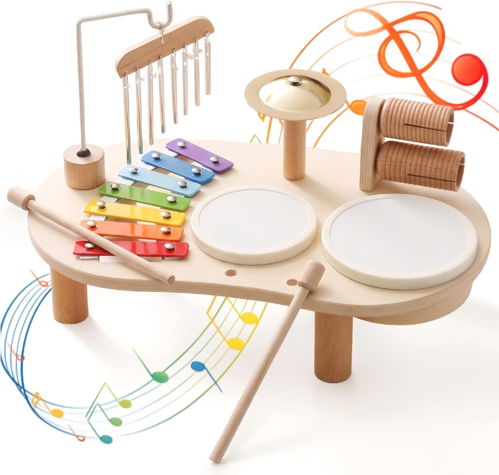 Wooden Drum Set for Toddlers 1-3, Montessori Musical Toy for Kids