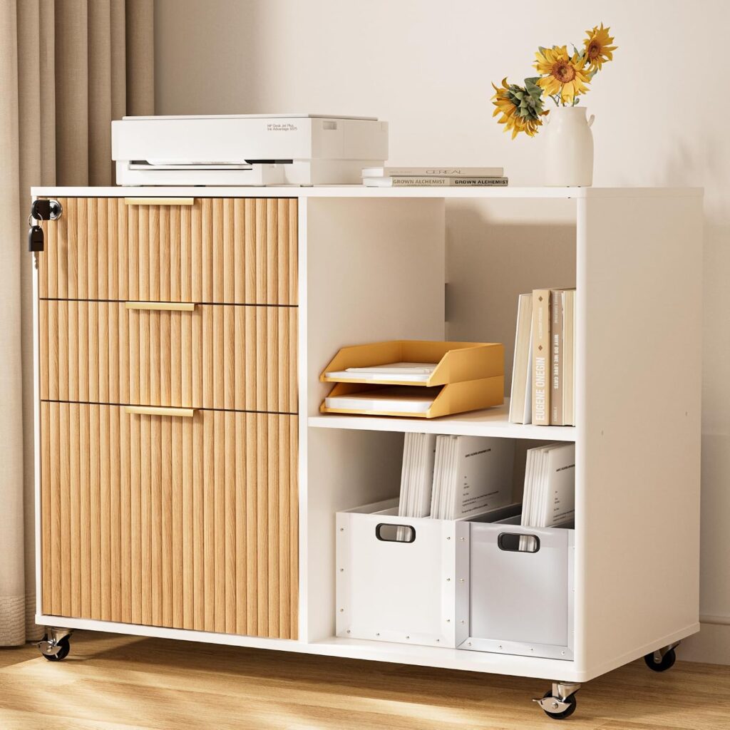 3 Drawer Fluted Mobile Filing Cabinet with Lock, Lateral Rolling Under Desk File Cabinet, Wooden Pri…
