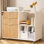 3 Drawer Fluted Mobile Filing Cabinet with Lock, Lateral Rolling Under Desk File Cabinet, Wooden Pri…
