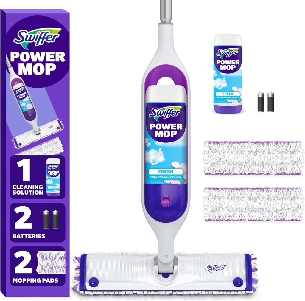 Swiffer PowerMop Mopping Kit for Floor Cleaning, Set Includes 1 Power Mop, 2 Replacement Pads, 1 Liq…