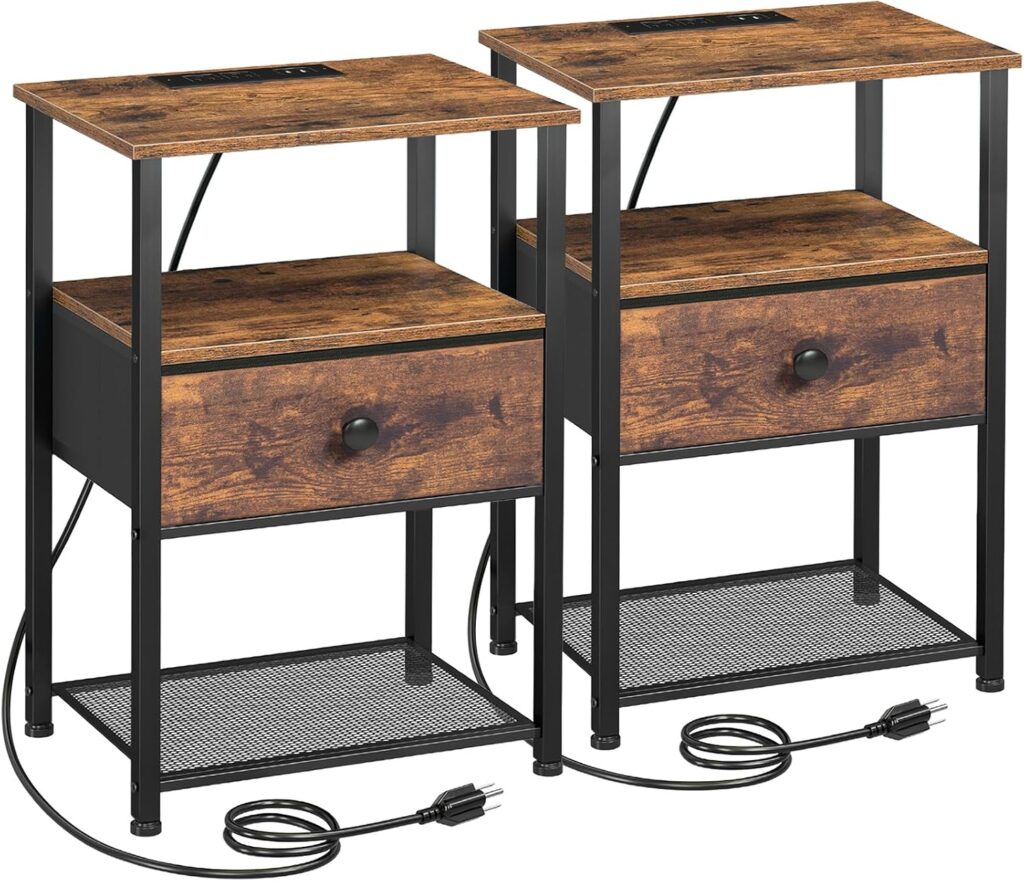 LOAKEKEL Nightstands Set of 2 with Charging Station, Side Tables Bedroom
