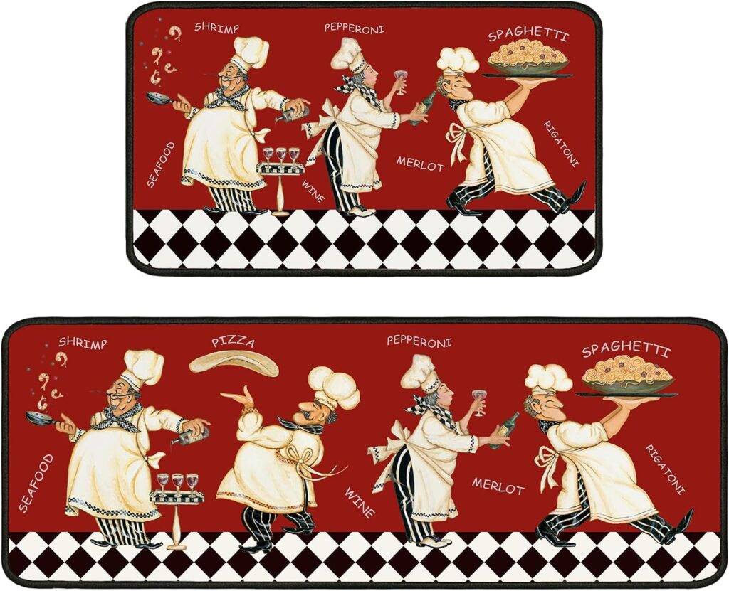 Red Fat Chef Kitchen Rugs 2 Piece Set for Floor Mat, Non Skid Washable Absorbent Microfiber Fat Chef…