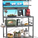 Aheaplus Bakers Rack with Power Outlet & RGB LED, 31.5 In Coffee Bar Table