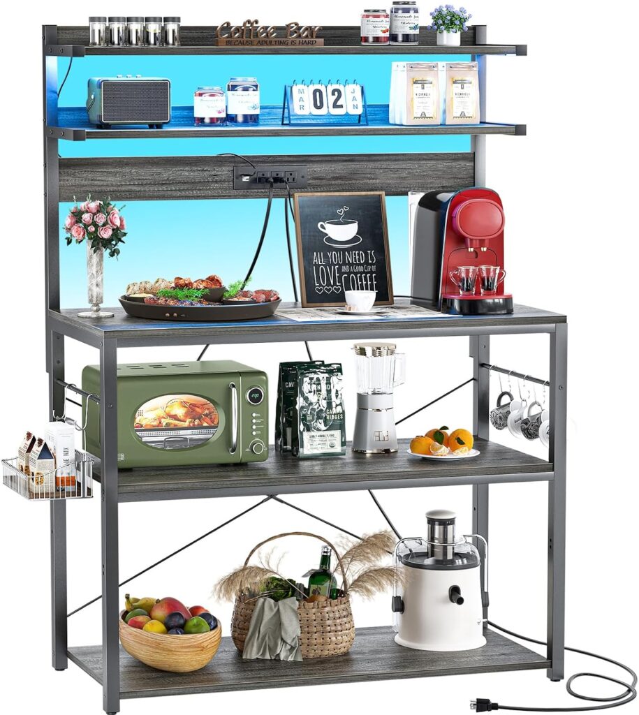 Aheaplus Bakers Rack with Power Outlet & RGB LED, 31.5 In Coffee Bar Table