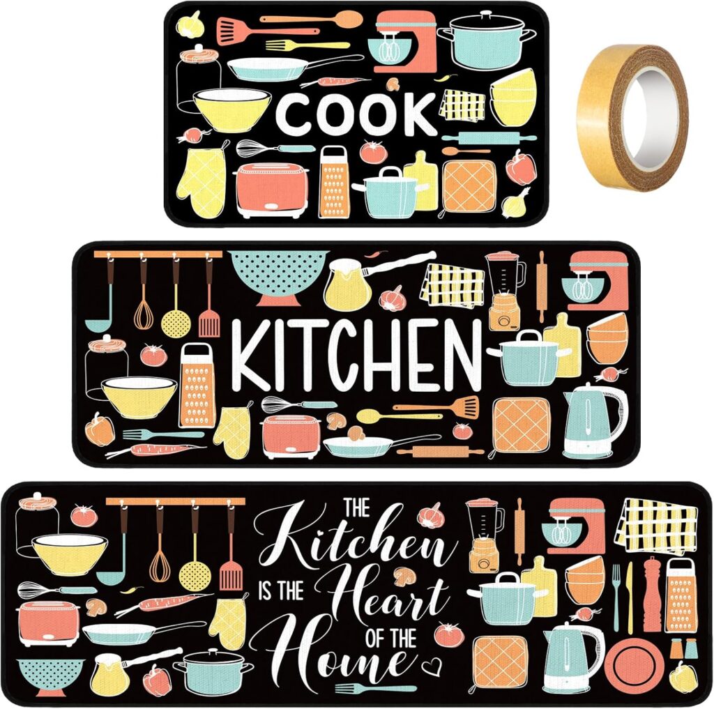 Fourluoo 3 Pcs Cook Colorful Kitchen Rugs and Mats Funny Kitchen Decor Set